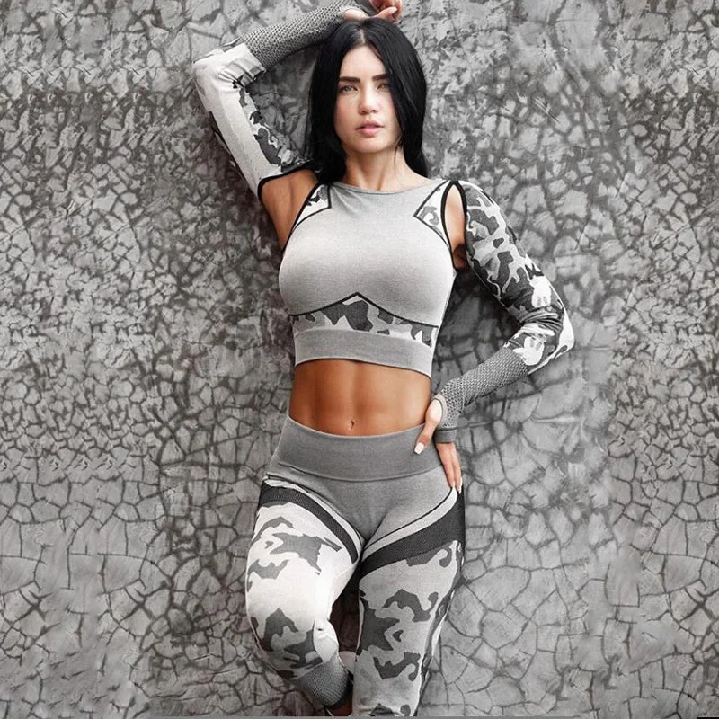 Camo Yoga Set Women Seamless Fitness Camouflage Gym High Waist For Leggings  Breathable Long-sleeved Suit