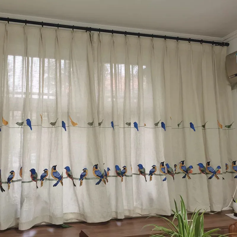 刺繍鳥カーテンリビングルームのためのリネン生地カーテン鳥布白soild