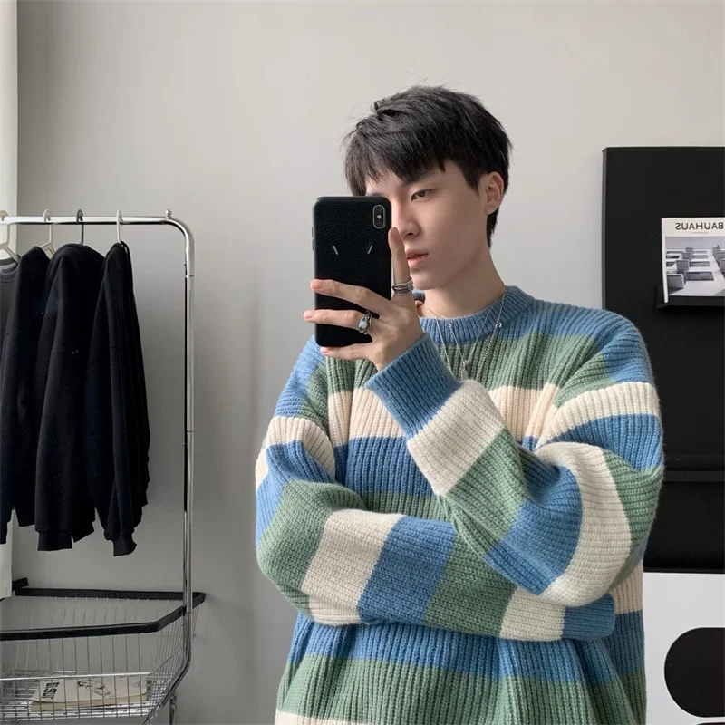 Autumn Winter Men's Loose Casual Round Neck Thickened Sweater Fashion Contrasting Color Stripe Handsome Versatile Knitwear