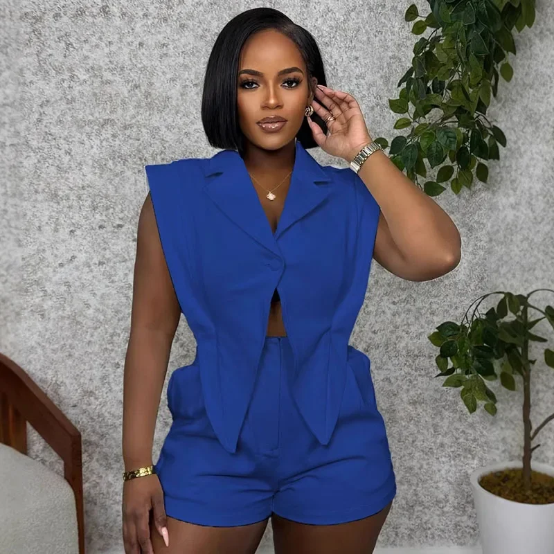 Solid Casual Short Sets Woman 2 Piece Set Outfit Streetwear Sleeveless Single Button Irregular Top + Shorts New in Matching Sets, view 3