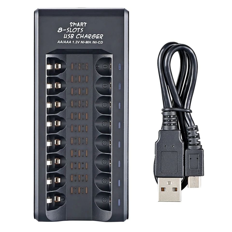Rechargeable Battery Charger USB Output 8 Slots Fast Charging Short Circuit Protection for 1.2V NiMH AAA/AA Batteries Charger