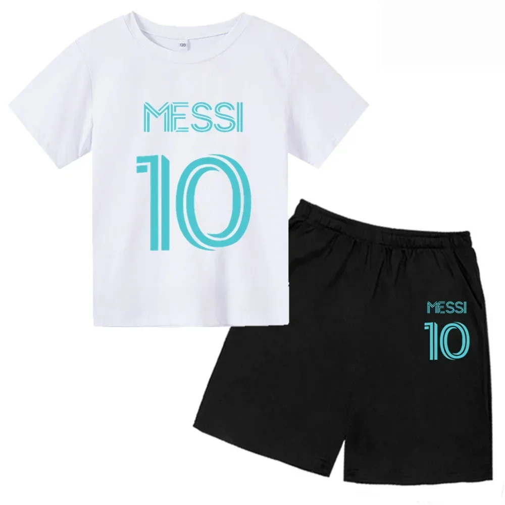 thumbnail image 1 of Nueva camiseta y pantalones cortos con estampado de Messi para niños y adolescentes, conjunto de 2 piezas, ropa de fútbol para niños y niñas, traje deportivo de moda de manga corta de verano, 1 of 5