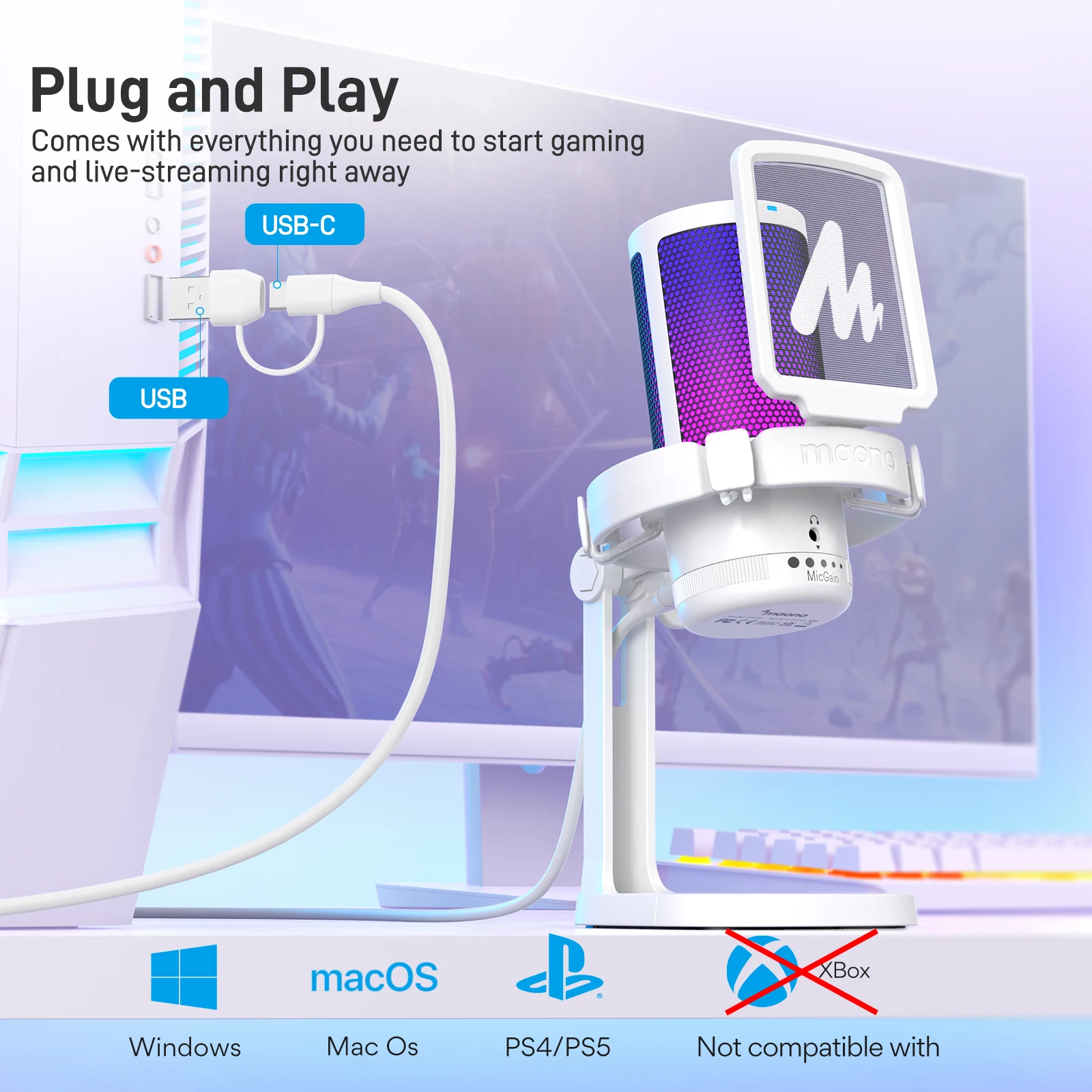 Maono Gamerwave RGB 게임용 마이크, USB 콘덴서 마이크, 노이즈 캔슬링 마이크, 마이크 게인, RGB 라이트, 원 키 음소거, DGM20