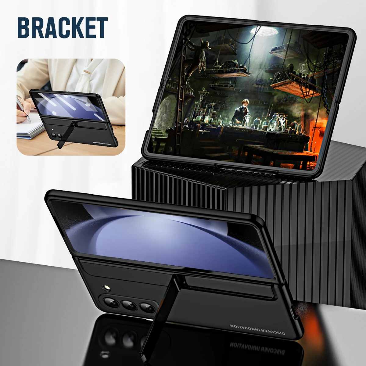 Case For Samsung Galaxy Z Fold 5 4 5G With Front Screen Protector Glass Detachable Pen Slot Holder Bracket Plating Plastic Cover