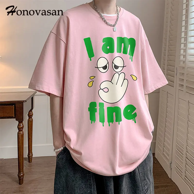 

Корейские свободные хлопковые мужские летние футболки Honovasan большого размера с коротким рукавом с буквенным графическим рисунком женские повседневные Пуловеры в стиле Хай-стрит