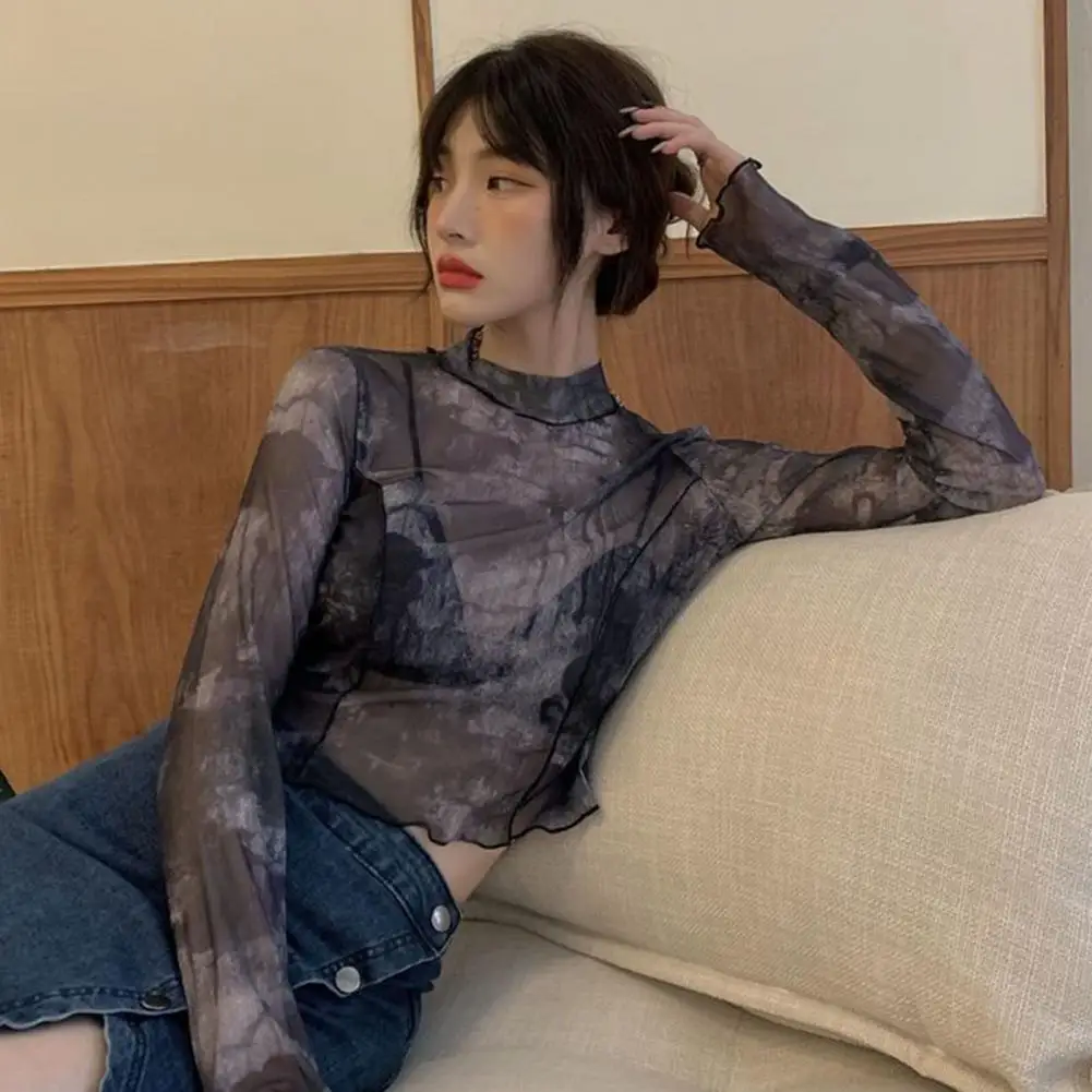 

Soft Stylish Sexy See-through Cropped Top Stretchy Women Top Half High Collar Female Clothing