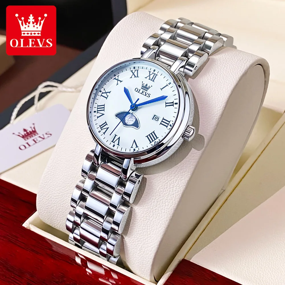 OLEVS Brand Luxury Moon Phases Quartz Watch for Women Stainless Steel Strap Waterproof Fashion Date Women Dress Wristwatch