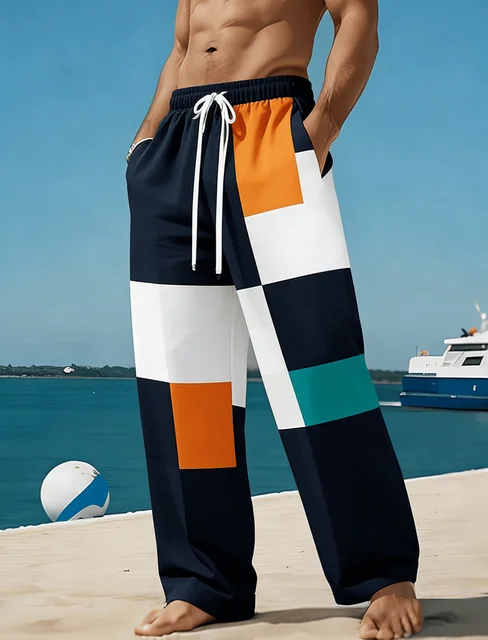 Pantalon décontracté pour homme à imprimé géométrique color block, coupe droite ample pour le printemps, l'été et les vacances à la plage, taille à cordon de serrage 1