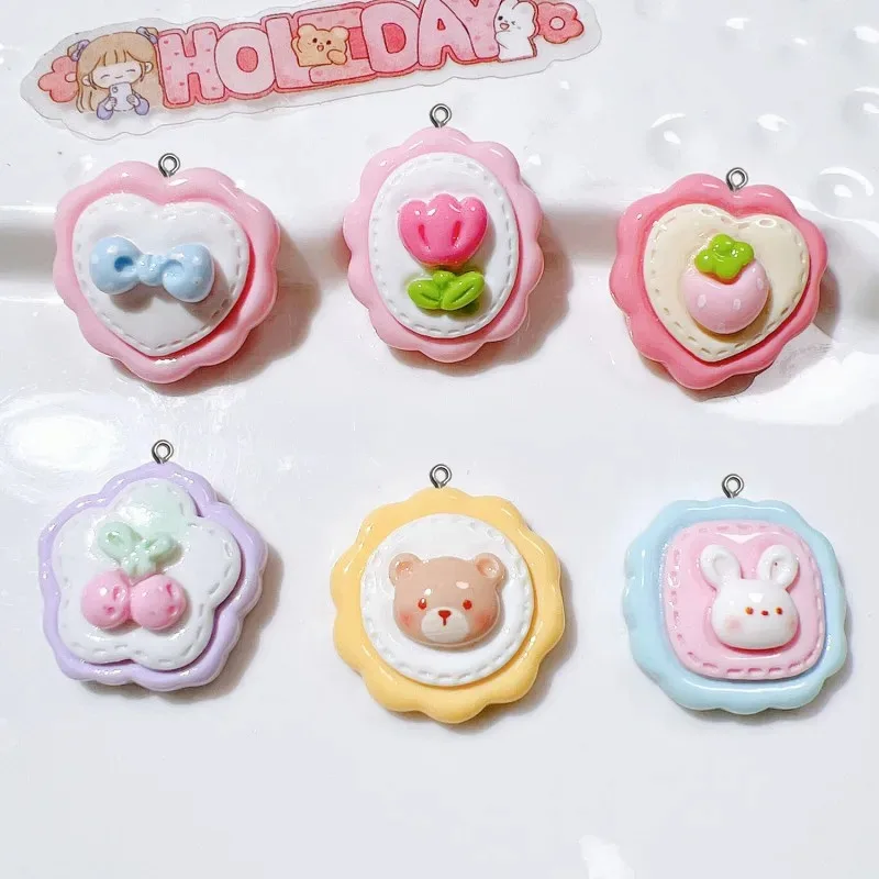 10Pcs Catoon Bear 꽃 수지 참 귀여운 귀걸이 목걸이 전화 쉘 펜던트 애니메이션 키 체인 공예 후크 DIY 쥬얼리 만들기