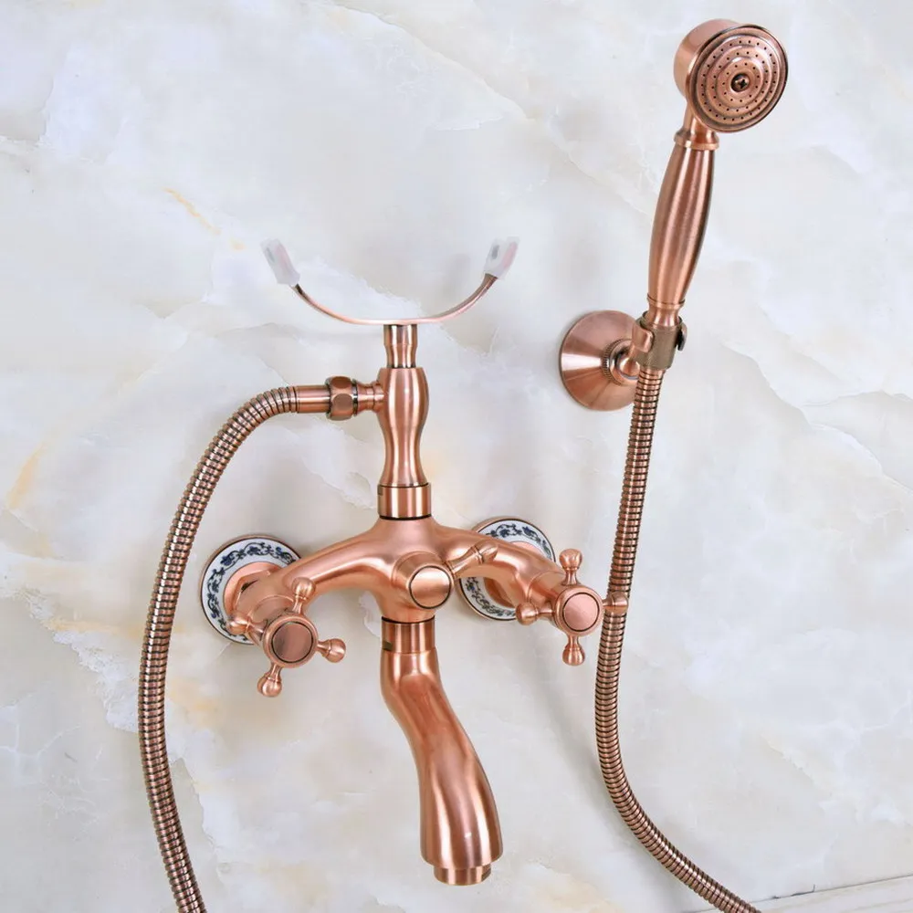

Antique Red Copper Wall Mounted Bathroom Faucet with Hand Shower Bath Tub Mixer Tap With Hand Shower Faucets Sets tna372