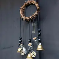 Witch Wind Chime Wiccan Wind Chime Handmade Brass Bell Witchcraft Door Hanger with Wishing Bottle Rattan Wreath Home for Wicca 1