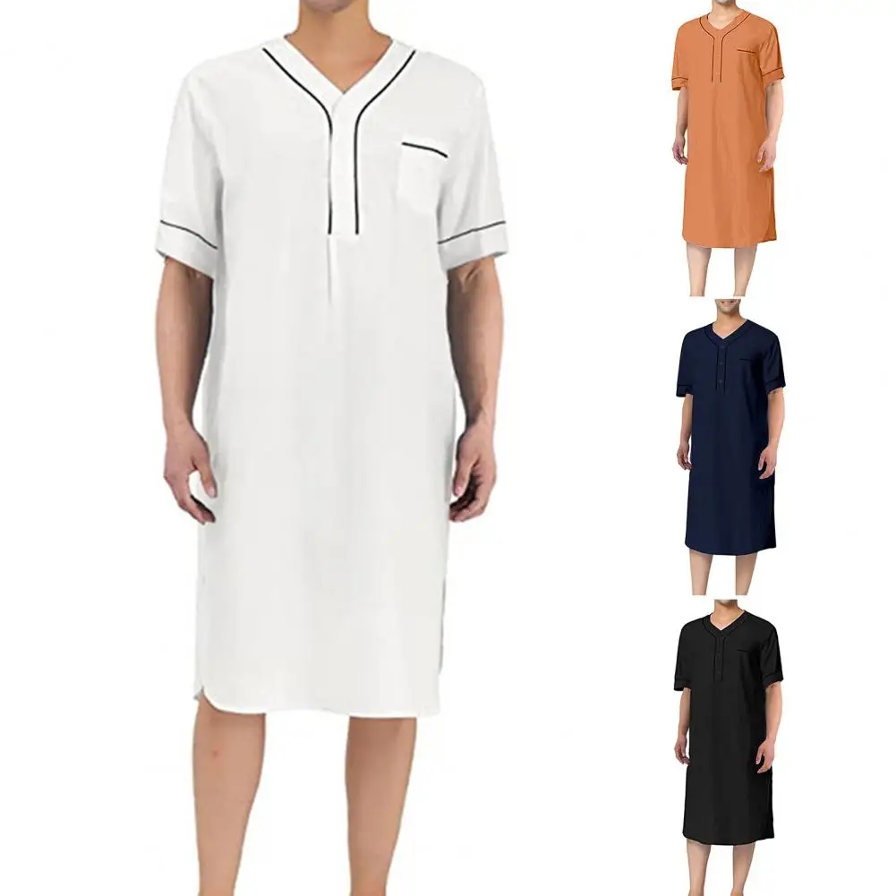 남성용 브이넥 반팔 잠옷, 캐주얼 잠옷 패치, 포켓 단색, 중간 종아리 길이, 수면 로브, 레저 잠옷, 홈웨어