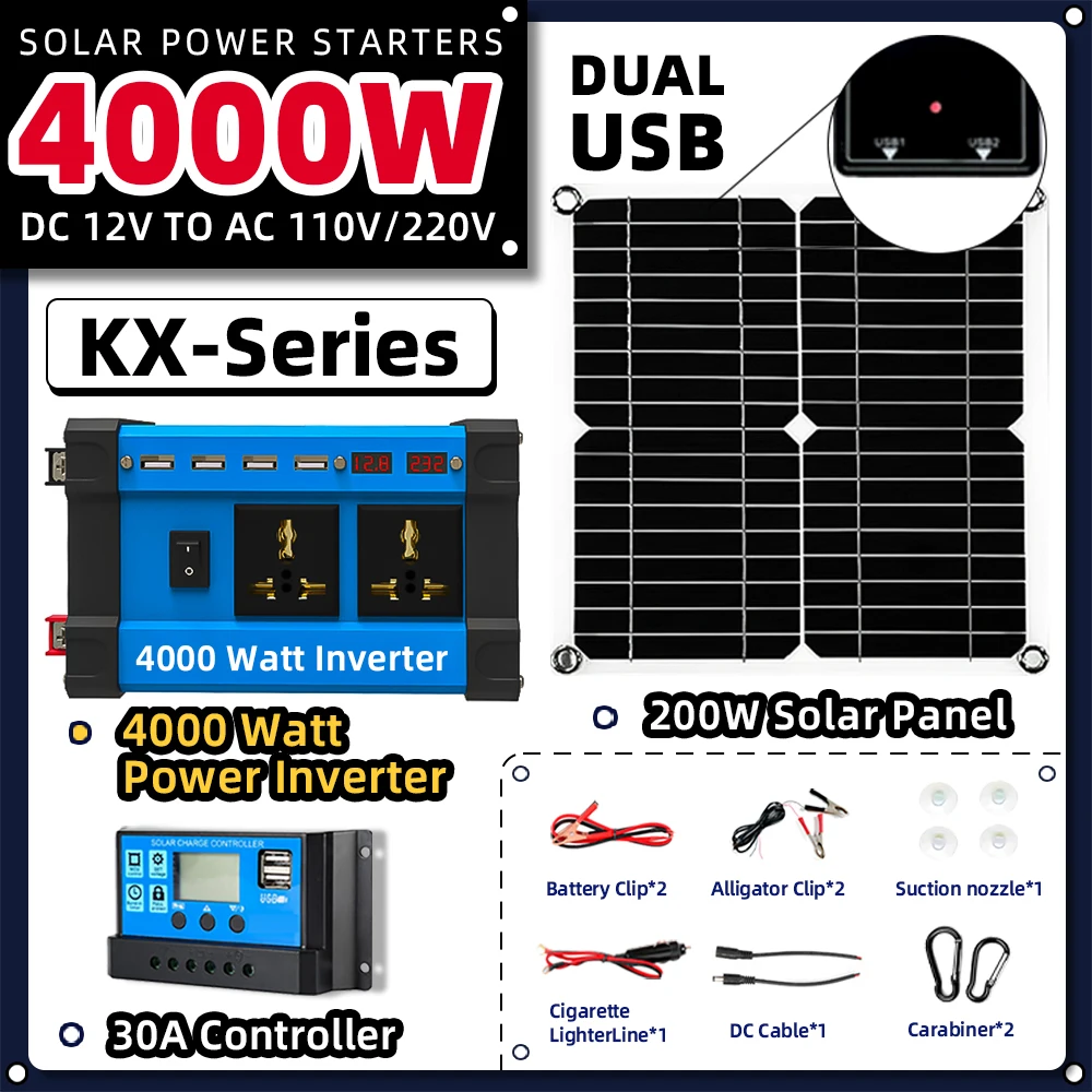 4000W grid solar inverter Inverter 220v solar plate complete kit house plug Camping Home Smart phome Car 30A Controller Solar Kit System full set