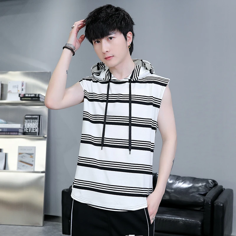

New 2023 Summer Men's Cotton Striped Hooded Vest Casual Fashion Sportswear Sleeveless Tank Tops Youth Gyms Outdoor Slim Fit Tees