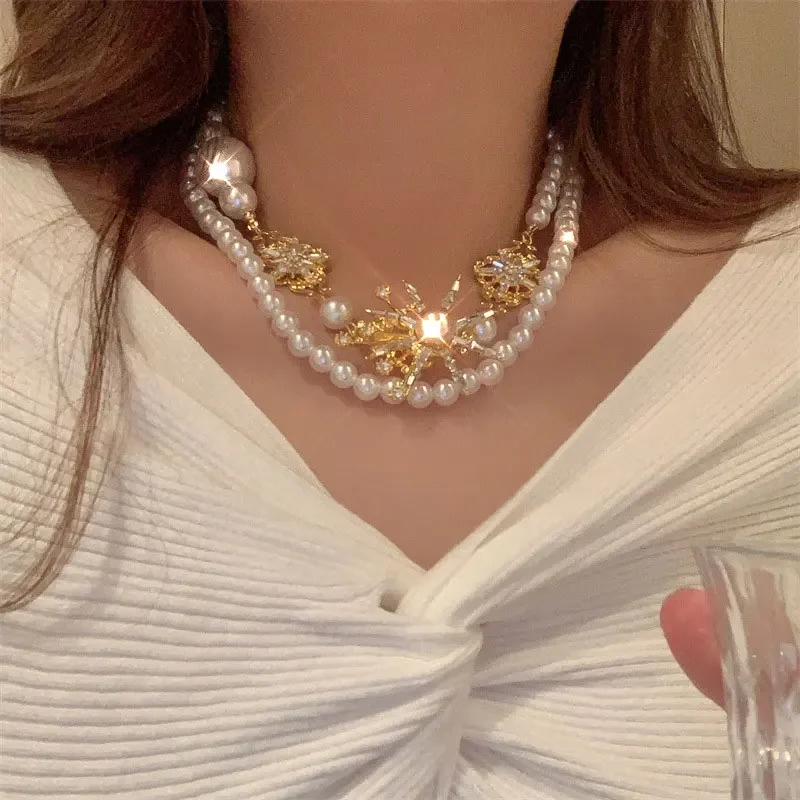 Imitation Pearl Women's Long Double Layer Necklace Set with Colored Diamonds Sparkling Clavicle Chain For Women Fashion Jewelry