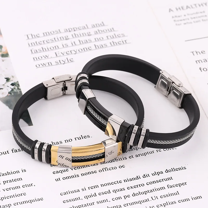 Man Stainless Steel Casual Adjustable Bracelet Waterproof Silicone Bangles Wristband