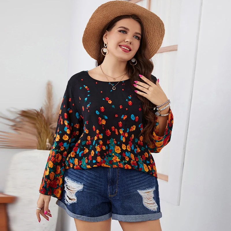 Della Mel Plus Size Women Clothing Blouses Fashion Casual Loose Long Sleeve Floral Print Chiffon Tops Elegant Big Size Blouse