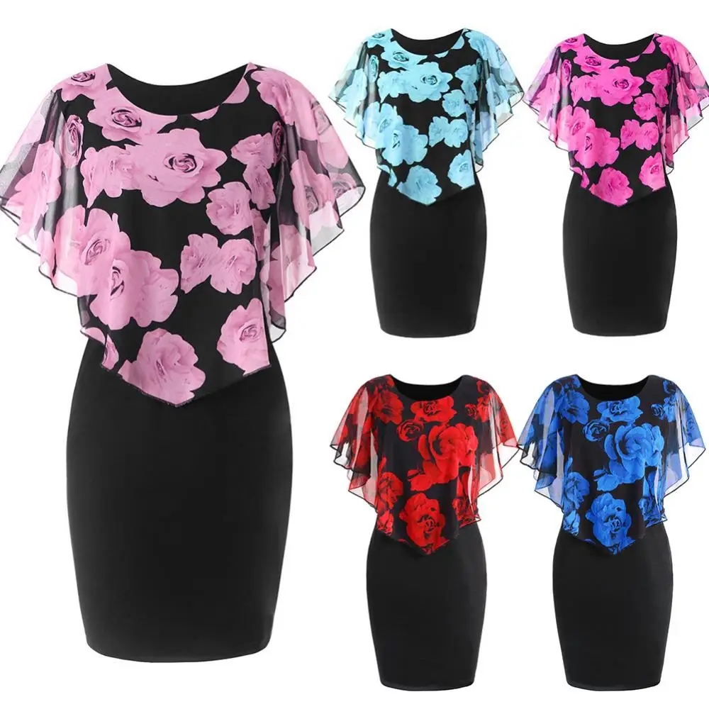 

Summer Loose Womens Dress for Woman Elegant Office Lady Dresses Rose Flower Print Cape Bodycon Knee Length Dress Red