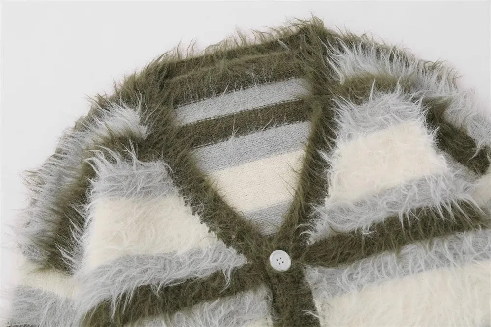 Striped Plush V-neck Sweater Men's Loose Casual Brushed Knit Trendy Couple Versatile Comfortable Harajuku High Street Cardigan 5