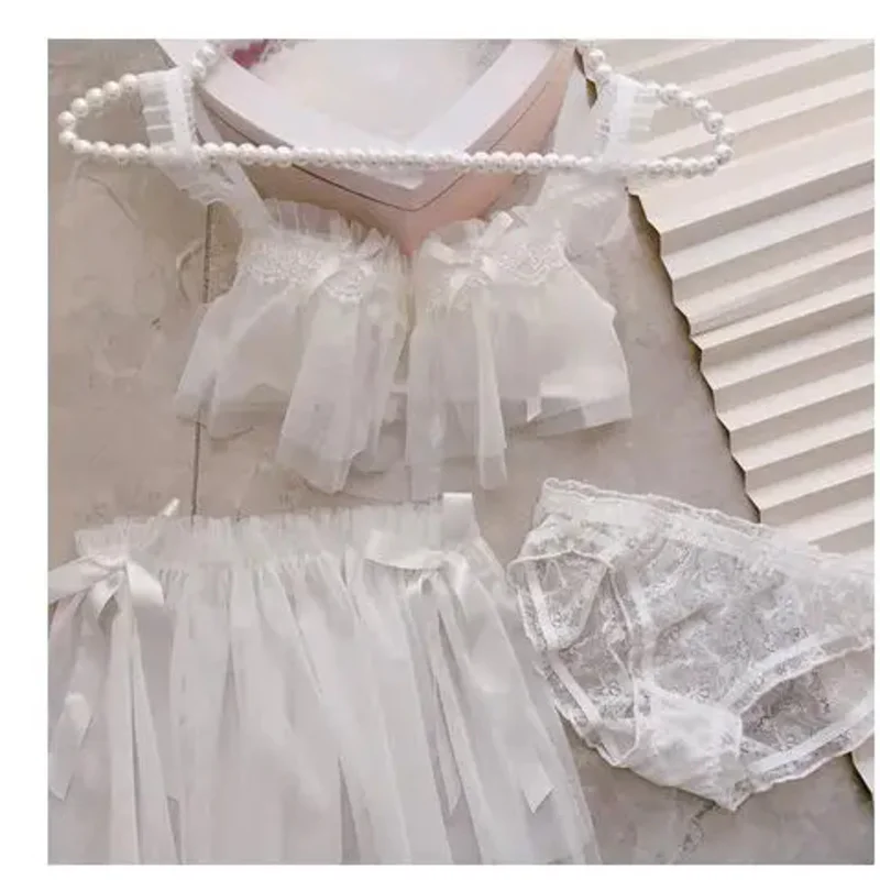 

Sweet and cute lolita bra and panty set lace ultra-thin transparent bra briefs spongeless 3 pieces erotic bealette briefs suit