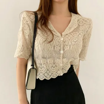 Sheer Embroidery Lace Blouse Cover Up Top Short Sleeve Button Front Cardigan Women Summer Boho Vacation Outfit 1