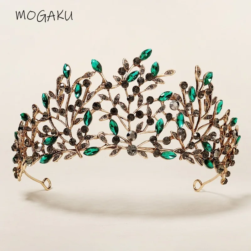 

MOGAKU Green Crystal Leaves Headbands Women Retro Hair Jewelry Baroque Alloy Crown and Tiaras Girls Red Rhinestone Party Diadema