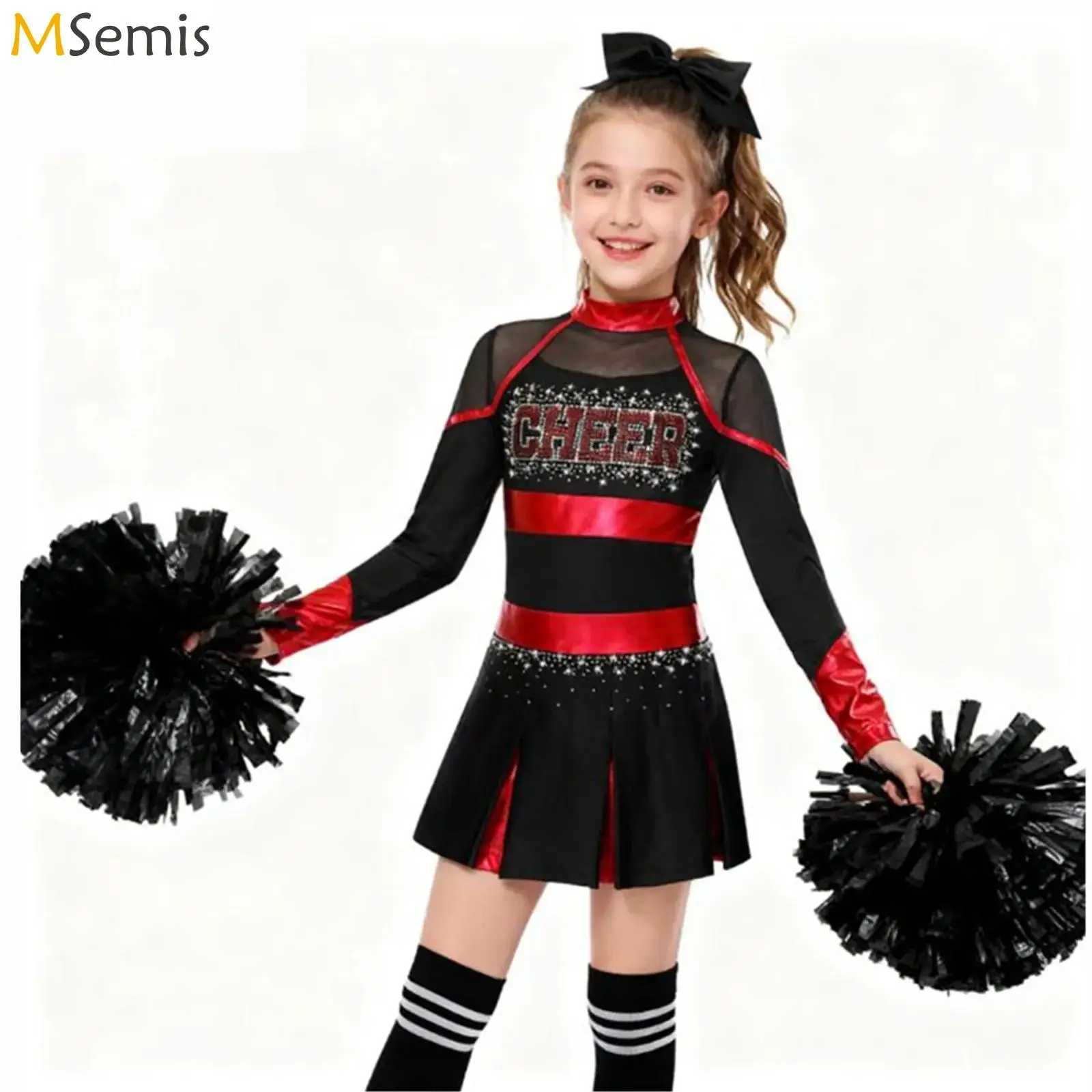 Kids Girls Cheerleading Uniform Cheerleader Dance Costume Glittery Rhinestones Letter Pattern Metallic Long Sleeve Pleated Dress