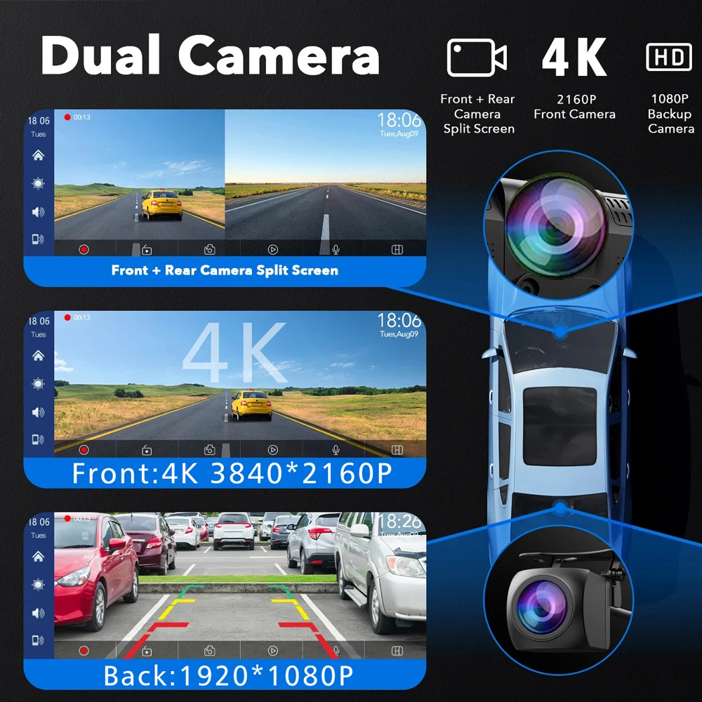   ڽ ķ Ʈ ī޶ ̺ , 10.26 ġ, 4K, 2160P, ī÷, ȵ̵, ڵ GPS, 5G, , FM, BT, ڵ Dvr