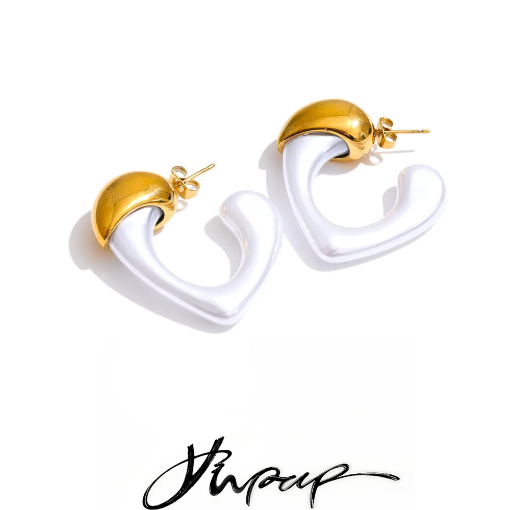 Yhpup Vintage Imitation Pearl Heart Hollow Earrings Stainless Steel