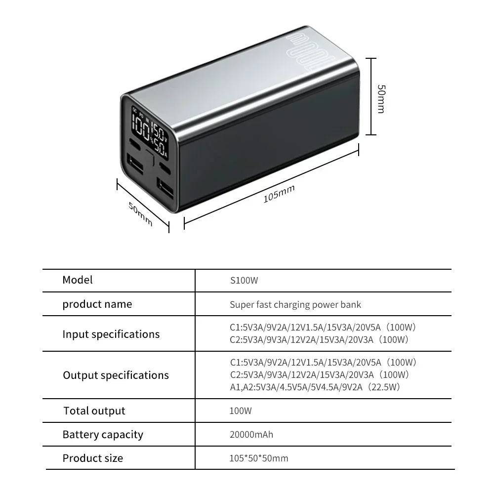 100W 초고속 충전 야외 보조배터리 W 대용량 100000mAh 적용 휴대폰, 220V 범용