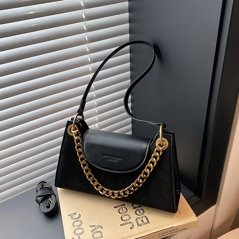 Faux Suede Shoulder Bag with Chain Crossbody Bag Retro Flap Bag for Women Work Shopping Travel