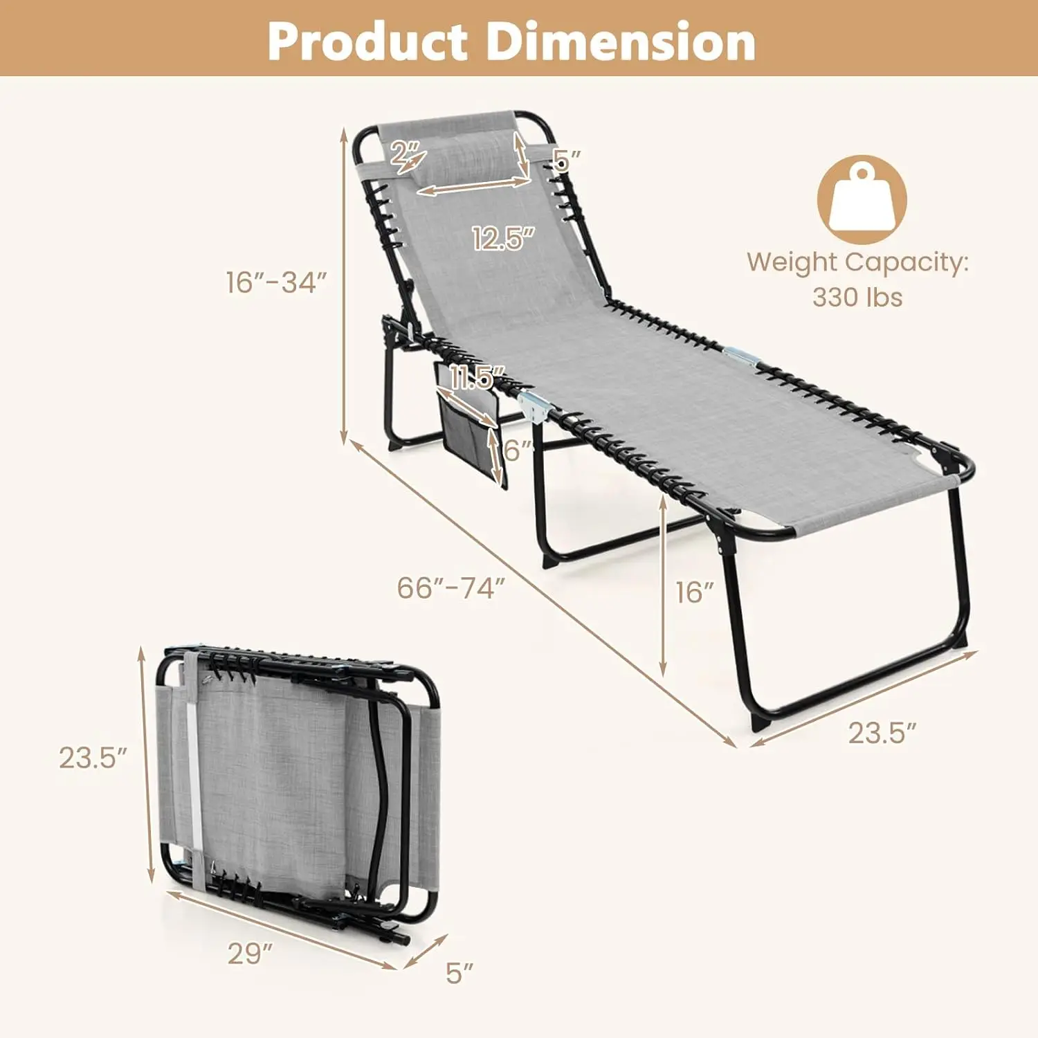 Patio Lounge Chairs for Outside - Folding Tanning Chair w/Headrest, 4 Adjustable Positions, Side Pocket, Outdoor Chaise Lounge