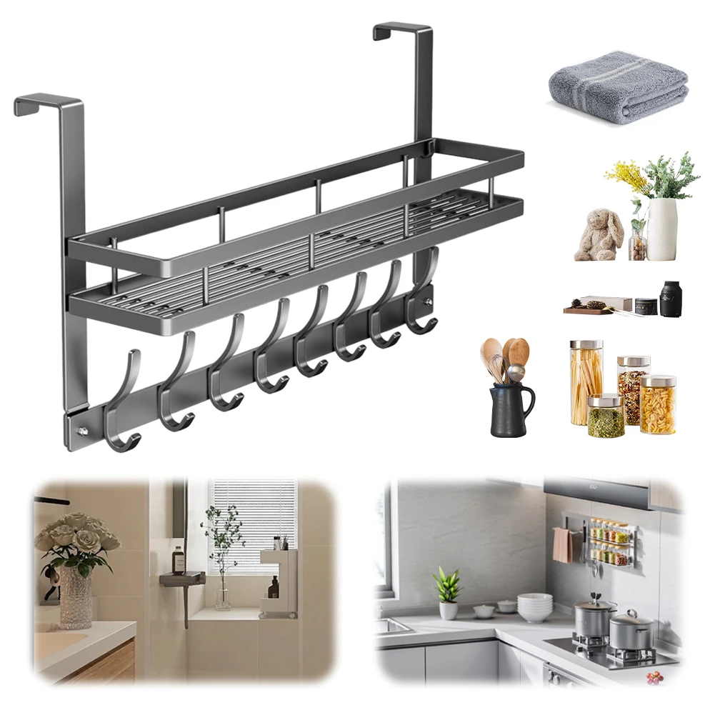 Door Storage Basket with 8 Hooks Door Storage Organizer Heavy Duty Organizer Rack Punch Free for Living Room Bedroom