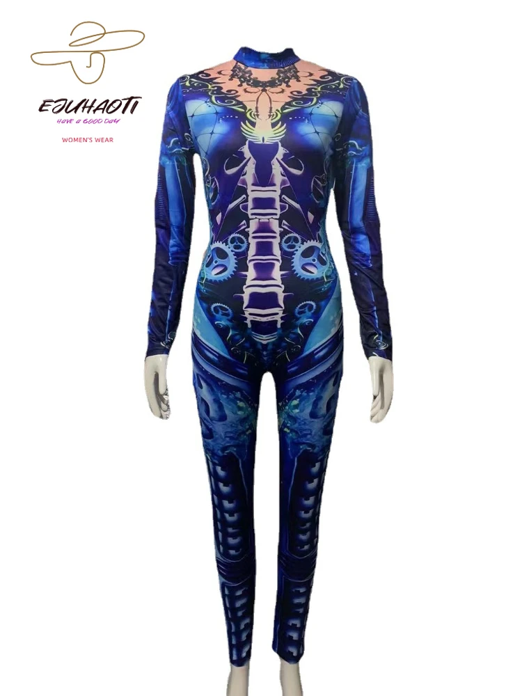 Halloween Costume New Skeleton Digital Print Women's Bodycon Rompers Cosplayer Dress Girl's Scary Jumpsuit