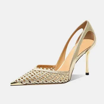 2025 New Bling Women Sandals Fashion Pointed Toe Shallow Slip On Ladies Elegant Slingback Shoes Med Heel Pumps 1