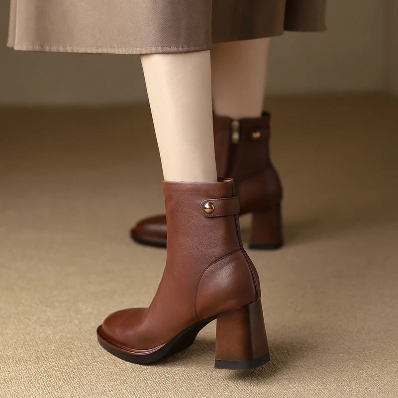 

2022 Women ankle boots natural leather 22-25 CM washed cowhide full leather modern boots side zipper vintage buckle women boots