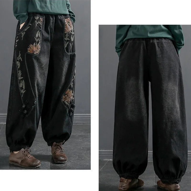 2023 Spring and Autumn Vintage Literature and Art Ethnic Style Patchwork Printed High Waist Pocket Loose Versatile Radish Jeans