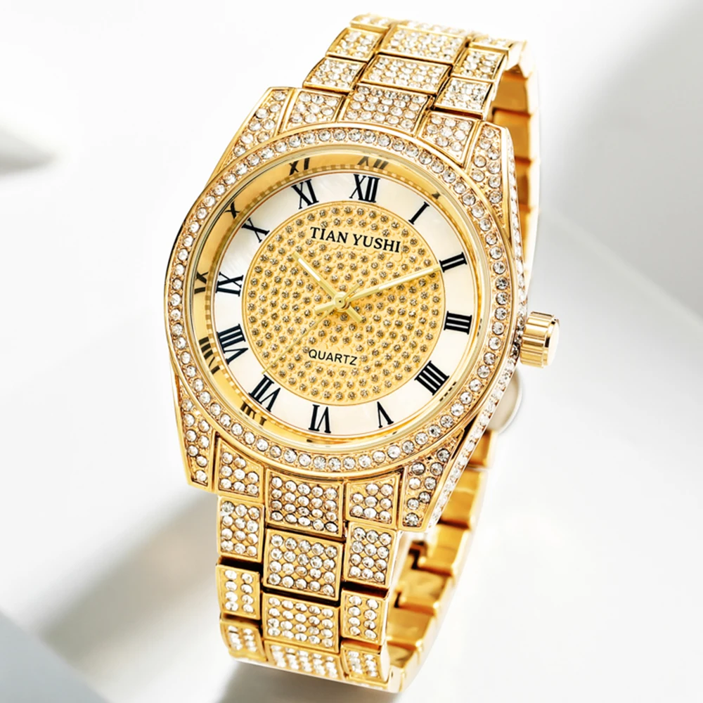 Gold Full Diamond Watch Men Luxury Quartz Round Wristwatch Male Stainless Steel Sliver Clock Round Dial Relogio Masculino Hombre