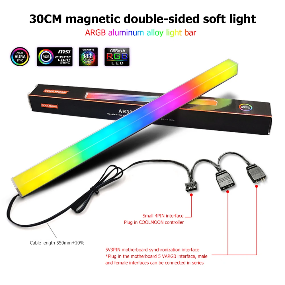 thumbnail image 1 of COOLMOON ARGB LED Strip Light 5V 3Pin/Small 4Pin Diamond Magnetic Colorful Atmosphere Bar Magnetic Computer Light, 1 of 5