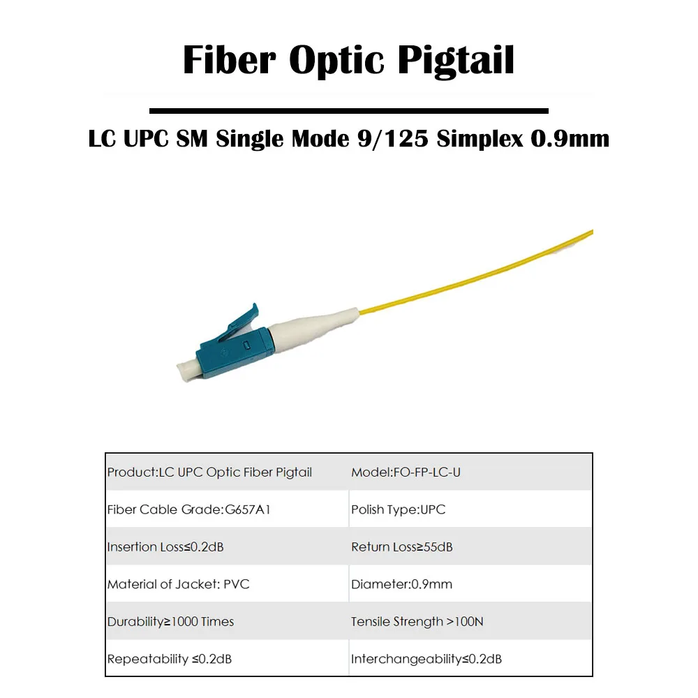 단일 모드 9/125 FTTH 광섬유 피그테일 심플렉스, LC UPC, 1.0 계량기, 0.9mm SM, 50 개