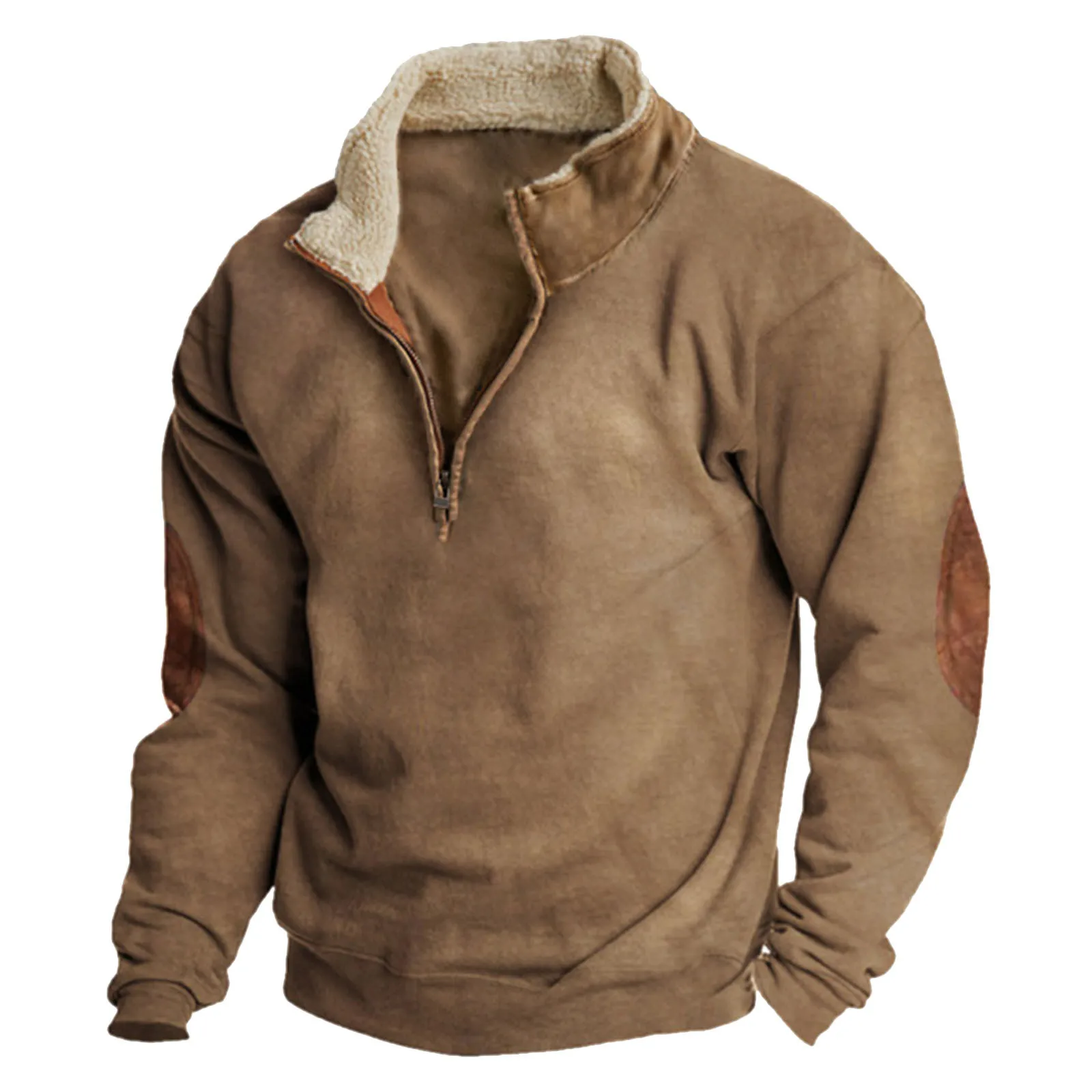 Mens Vintage Hoodies Winter Fleece Thicken Patchwork Stand-Up Collar Pullovers Zipper Collar Oversized Thermal Sweatshirt Male