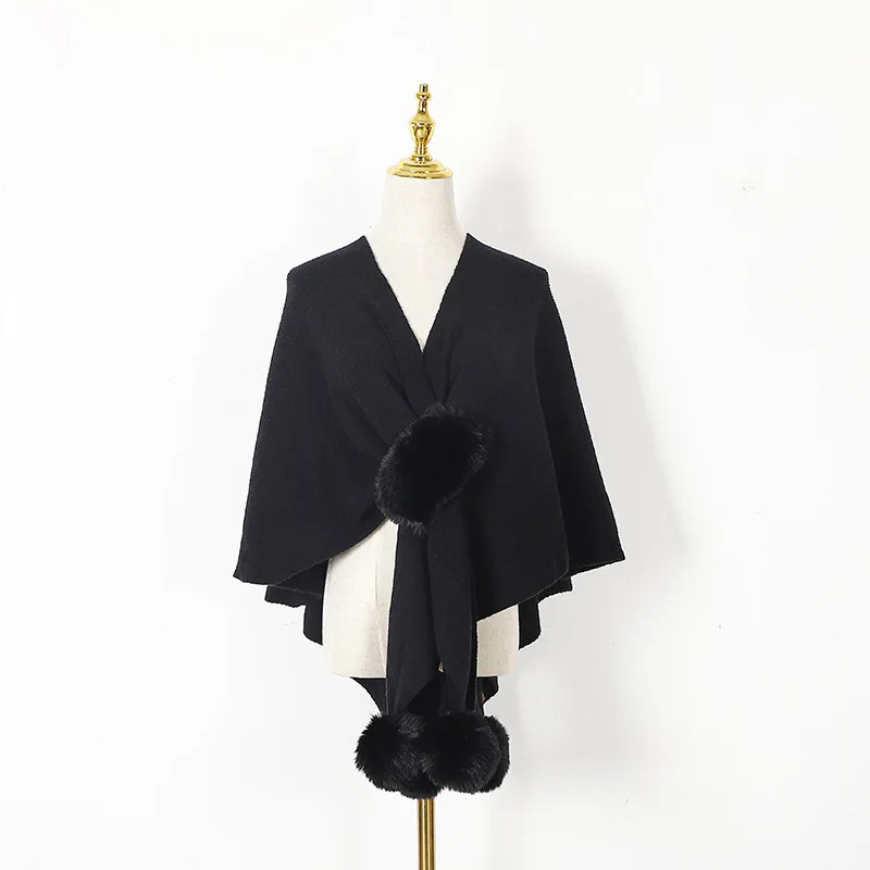 

Imitation Wool Ball Hanging Cardigan Autumn Winter Women's Coat Fashion Street Shawl Poncho Lady Capes Black Cloaks