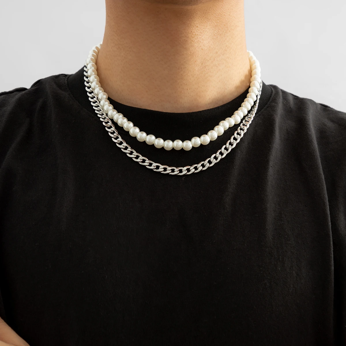 Men's Fashion Double Layer Pearl Chain Layered Necklace 512