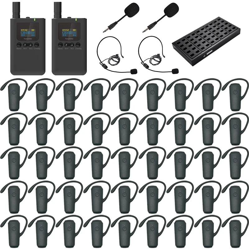 Wirelesslinkx Tour Guide System 2 Transmitter with 4 Microphones, 45 Ear Receivers, 1 Charger for Translation Tourism Teaching