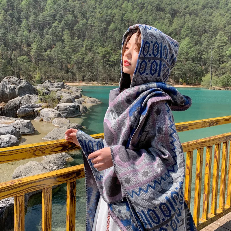 

Imitation Cashmere Women double sided Hooded Scarf Winter Luxury Shawl Lady Wrap Blanket Pashmina Pocket Muslim warm hijab