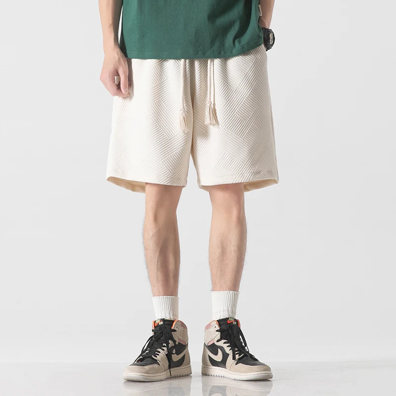 Fashion Solid Color Plaid Straight Casual Shorts Men's Clothing 2024 Summer New Loose Elastic Lace Up High Waist Knee Shorts