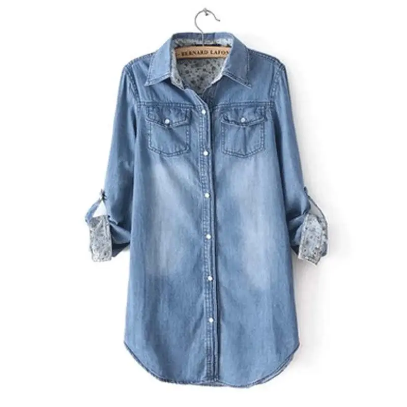

2023 Spring Autumn New Korean Fashion Women Long Sleeve Loose Cotton Denim Shirts Double Pocket Vintage Blue Casual Blouse D275