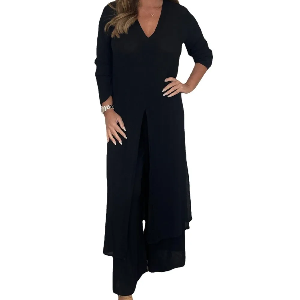 New Women\'s Solid Color Slit Long Coat Suit Spring Autumn Retro Casual Relaxed Simple Elegant Female Office Pants Two Piece Set