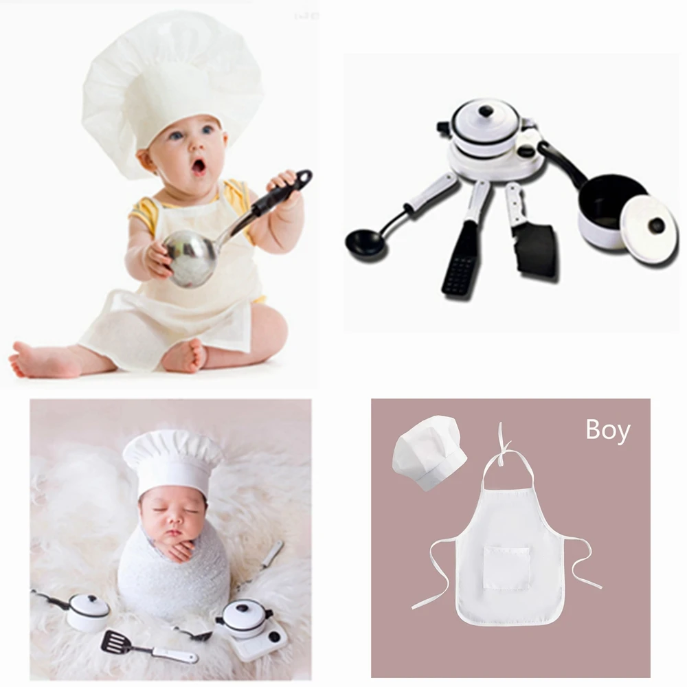 Baby Newborn Photography Props Little Chef Hat White Apron Kid Kitchen Costumes One Year Old Girl Boy Photo Creative Accessories