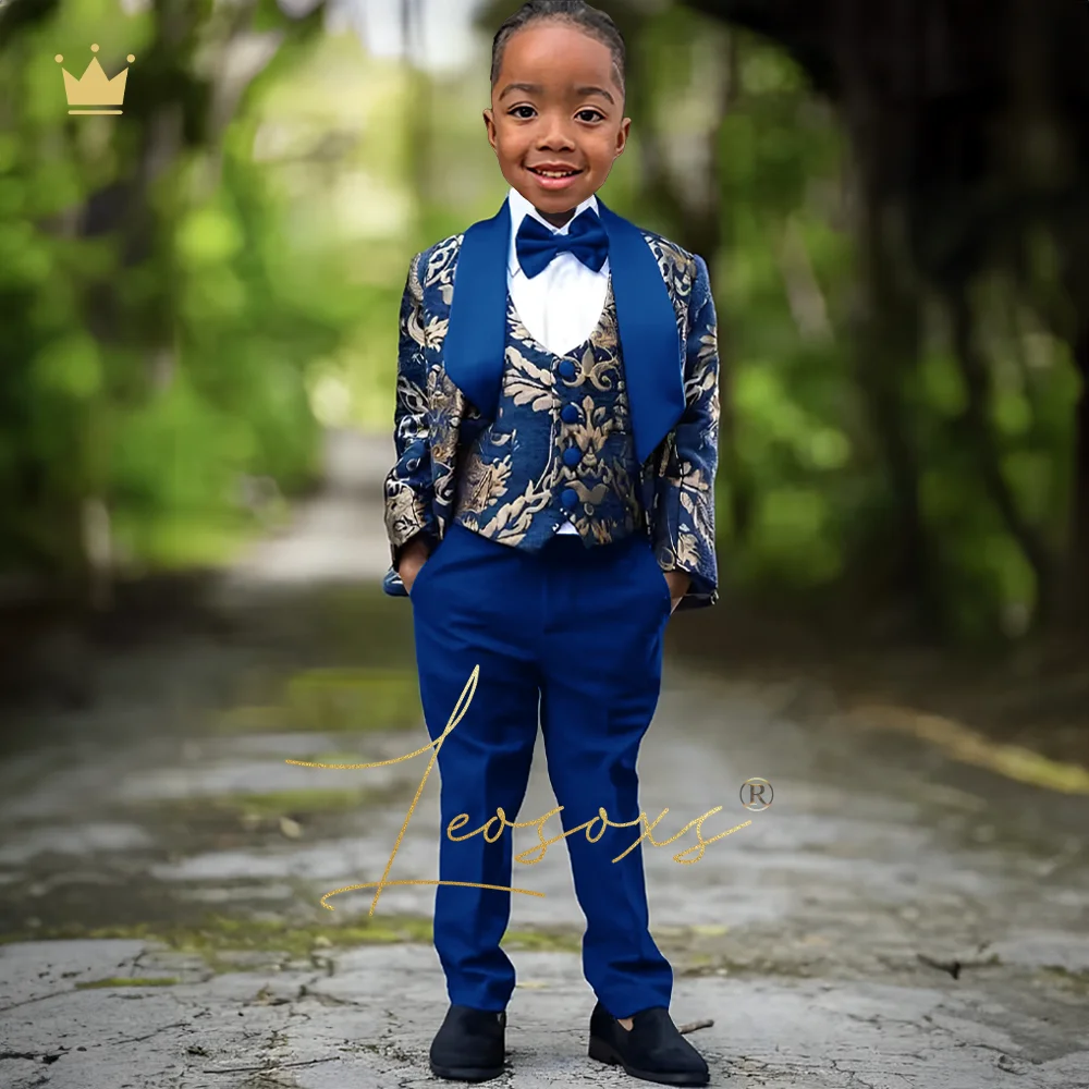 Boys Fashion Royal Blue Gold Flower Dress Suit Set 3 Piece Set Jacket Vest Trousers Kids Wedding Dinner Party Tuxedo